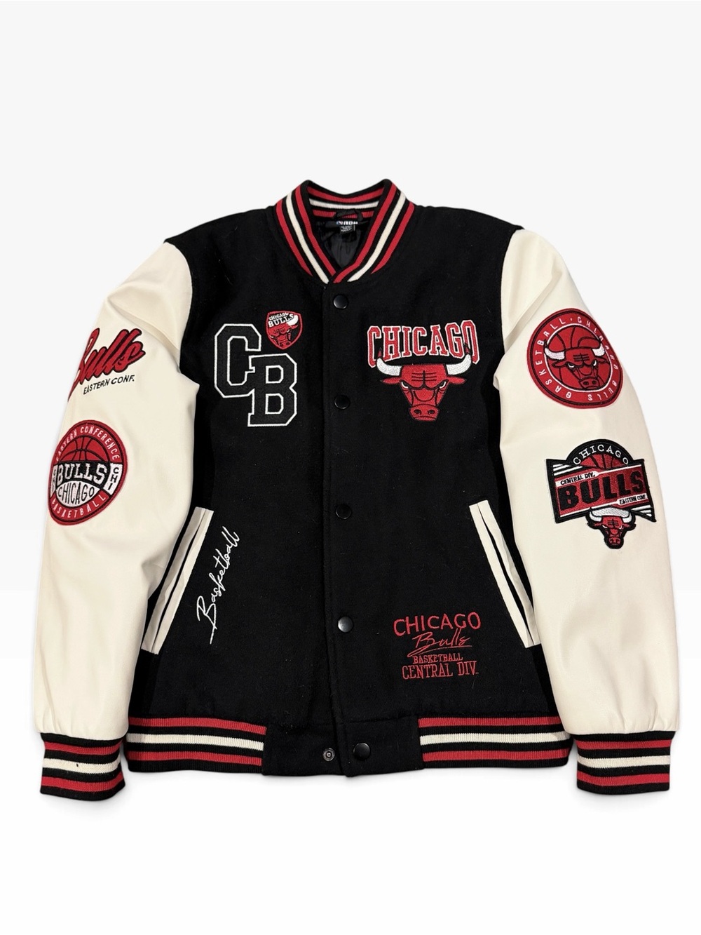 Primark × NBA Chicago Bulls Kids Varsity Jacket Black Red Patch Coat 9-10Y